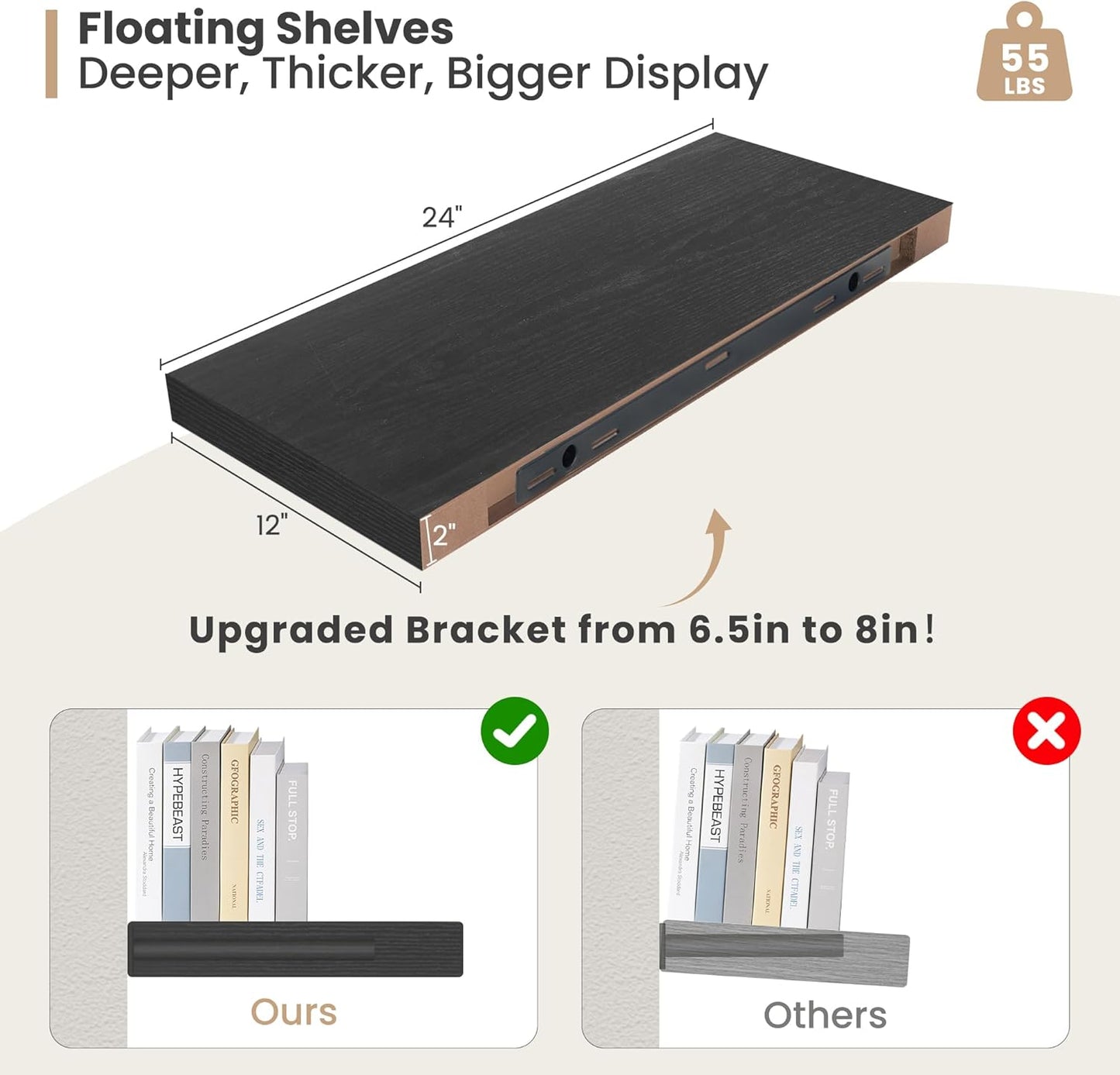 Heimlove 24 x 12 Inch Deep Floating Shelves Wall Mounted with Invisible Brackets,Storage Hanging Shelf for Wall Decor in Bathroom, Bedroom, Toilet, Kitchen, Living Room, Office Set of 2 (Black)