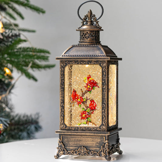 Christmas Snow Globe Water Glittering Cardinal Lantern with Music & Timer, USB Lined/Battery Operated Lighted Lantern for Christmas Festival Decoration Gifts