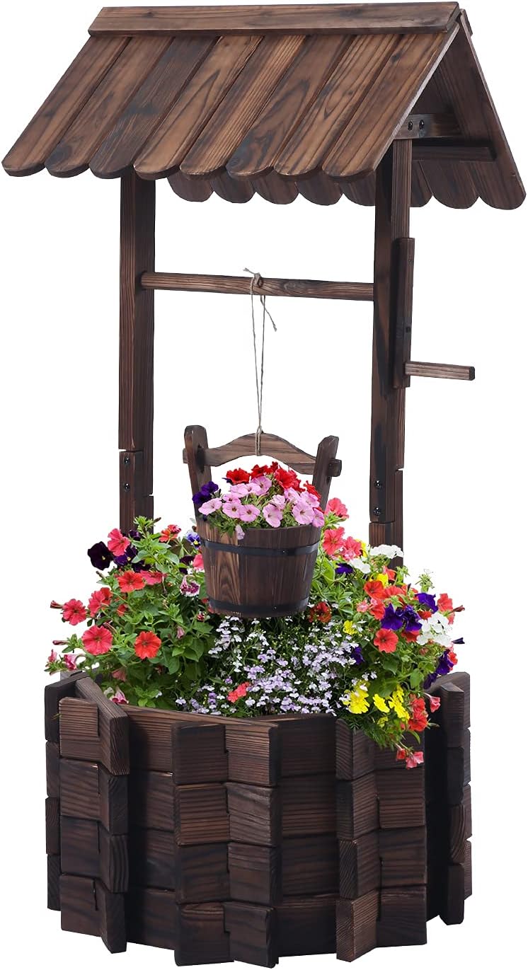 Garden Wooden Decor Rustic Wishing Well Planter Outdoor Home Décor for Patio, Upgrade Wishing Well Garden, Yard Hanging Bucket Patio Lawn Backyard Home Decor