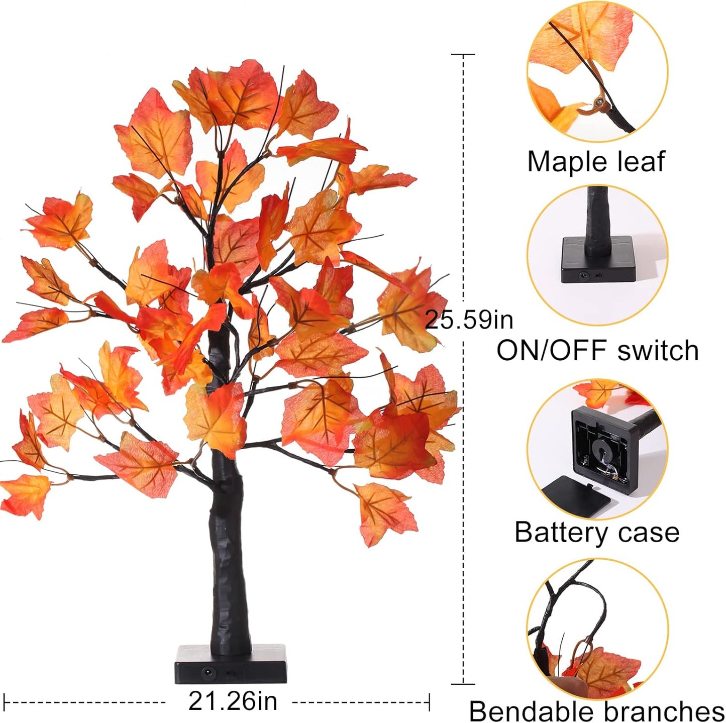 2 Pack Fall Lighted Maple Tree 48 LED Lights Thanksgiving Decoration Artificial Tree Lights 20 inch Battery or USB Powered DIY Table Light for Desktop Autumn Harvest Party Indoor Decor