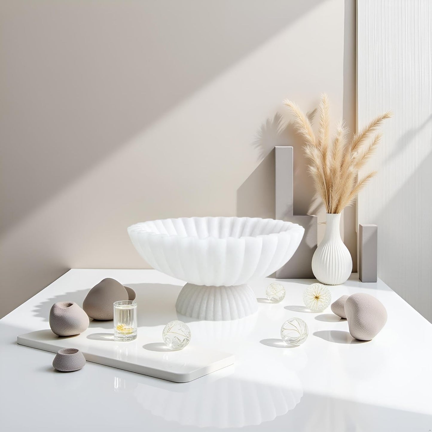 10" Large Decorative Bowl decor, Scalloped Bowls for Modern Home Decor,Ruffle Decor,Stylish Key Bowl for Entry Table,Decorative Fruit Bowl for Kitchen Counter,With base,Artificial Stone White
