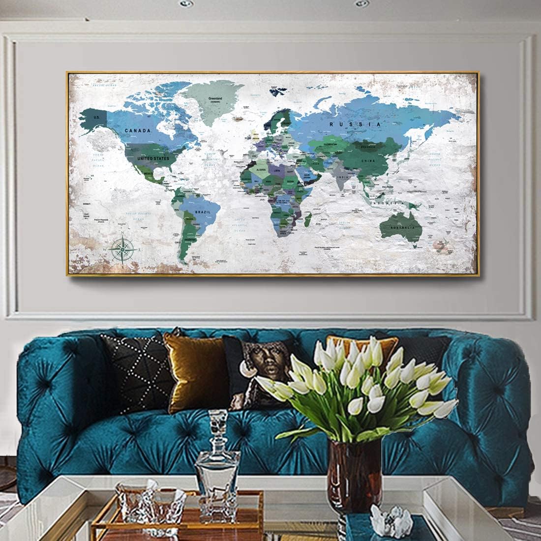Framed Wall Art World Map Wall Art Canvas Picture 30inchx60inch Large Blue Map of The World Canvas Painting Artwork Prints for Office Wall Decor Home Living Room Decorations Framed Ready to Hang