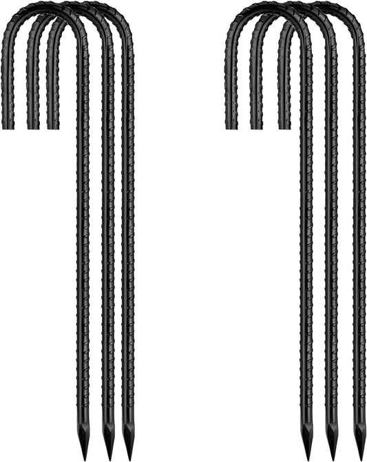 Ground-Stakes-Heavy-Duty-12 inch, J-Hook Rebar Stakes Black Coated Anti-Rust 6pcs Garden Stakes Metal Ground Anchors for Garden Dog Fence Chicken Coop Christmas Decorations Deer Fence