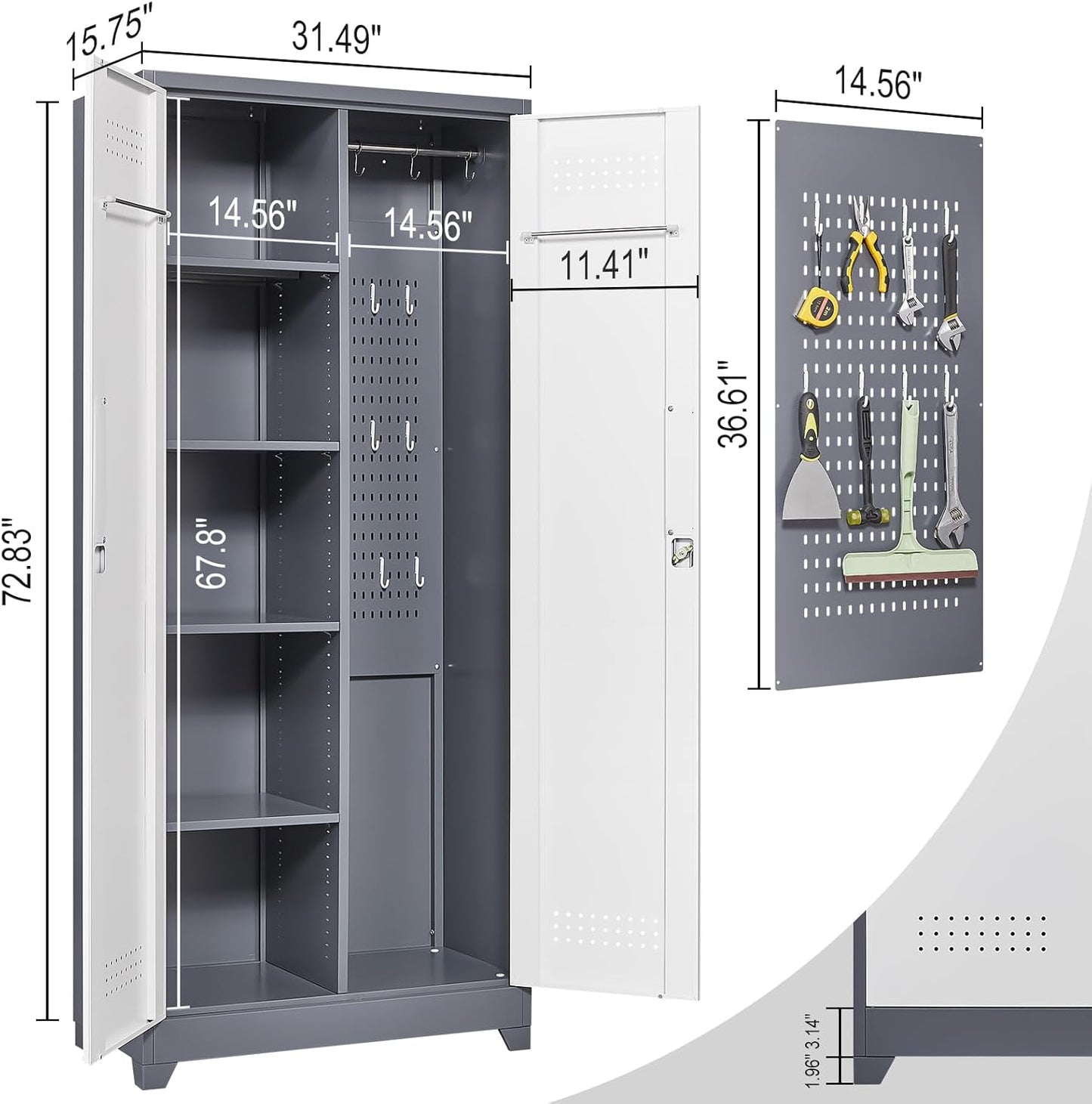 Garage Storage Cabinet,Broom Closet with Lock,Locking Cabinets with Hanging Rod & S-Hooks for School,Garage,Grey-White
