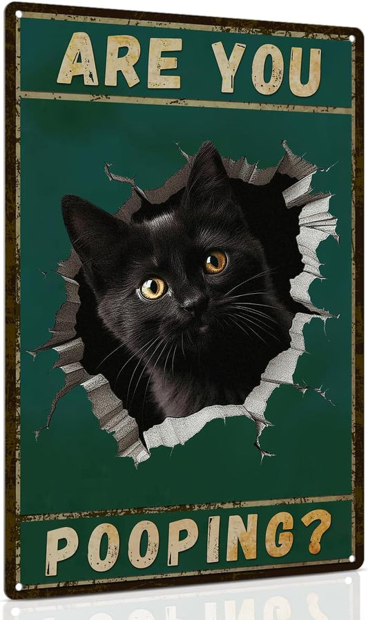 ALKB Are You Pooping Signs Funny Black Cat Sign for Bathroom Wall Decor, Vintage Cat Gift 8 x 12 Inch