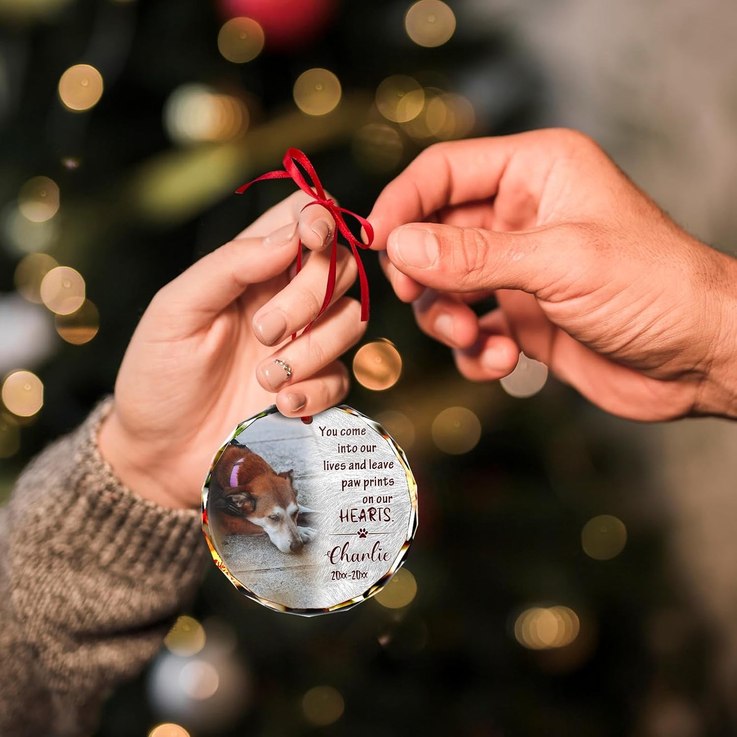 Personalized Memorial Pet Glass Ornament - Custom Picture Christmas Ornaments, Dog Forever in Our Hearts Hanging Ornament Xmas Tree Decor for Dog Lovers