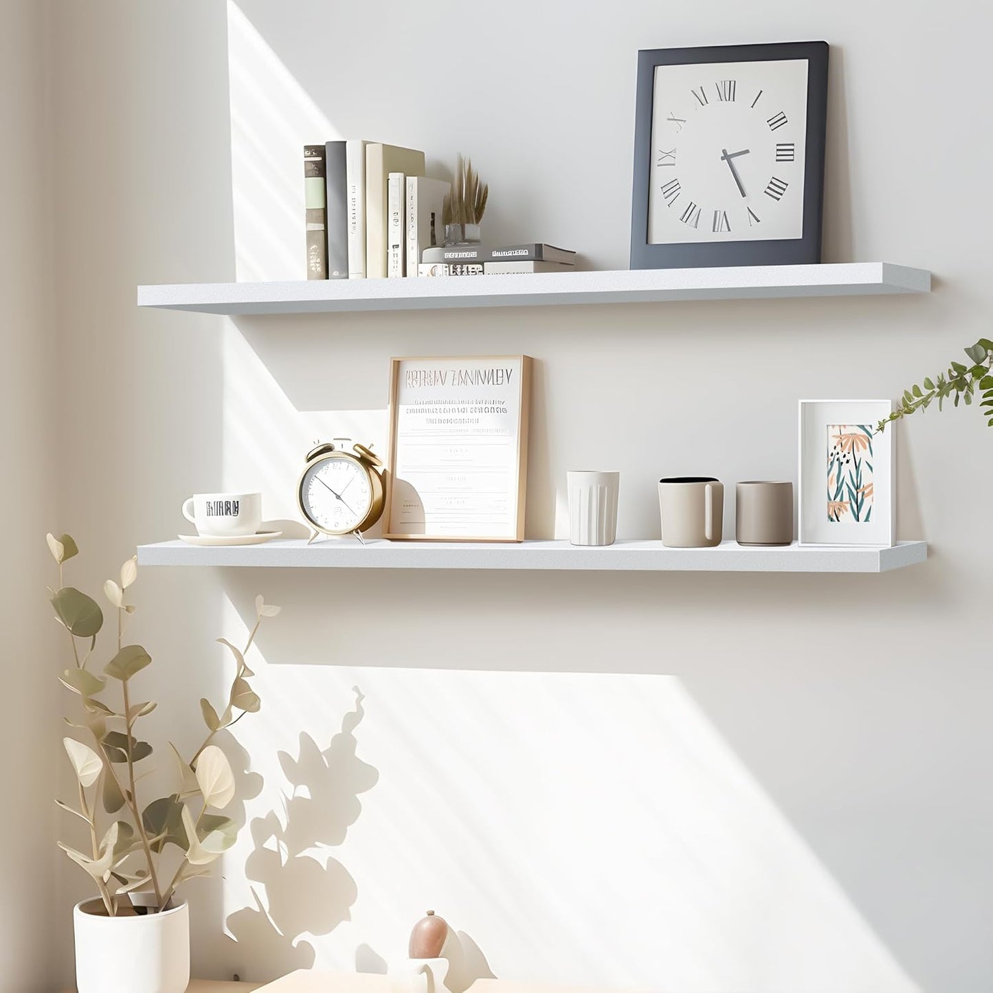 LaVie Home Floating Shelves, 47 Inch Wall Shelf Set of 2, Hanging Shelf with Invisible Brackets, Wall Decor for Bathroom, Bedroom, Living Room, Kitchen Storage, Modern White