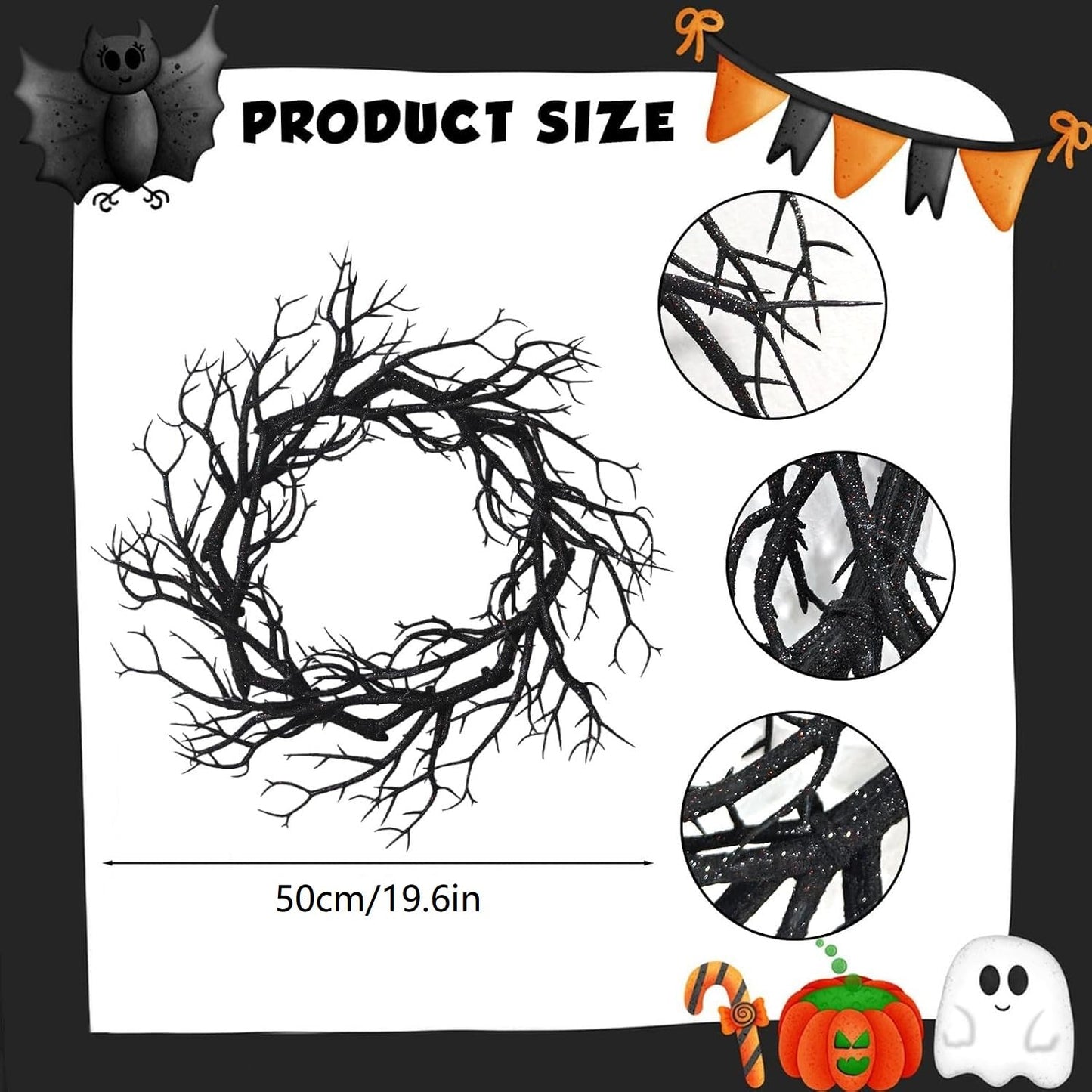 Halloween Black Branch Wreath, 20 Inch Glitter Black Twig Halloween Wreaths with Purple Lights for Front Door Indoor Outdoor Party Window Wall Decor Farmhouse Garland Yard