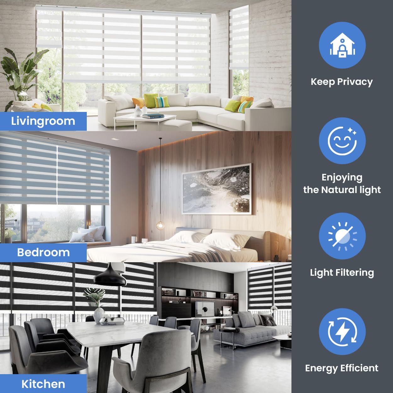 Foiresoft Standard Zebra Roller Blinds for Windows [W30 x H64 Inch, White, Basic], Light Filtering Dual Layer Shades for Bedroom, Living Room, Office, 13 Colors