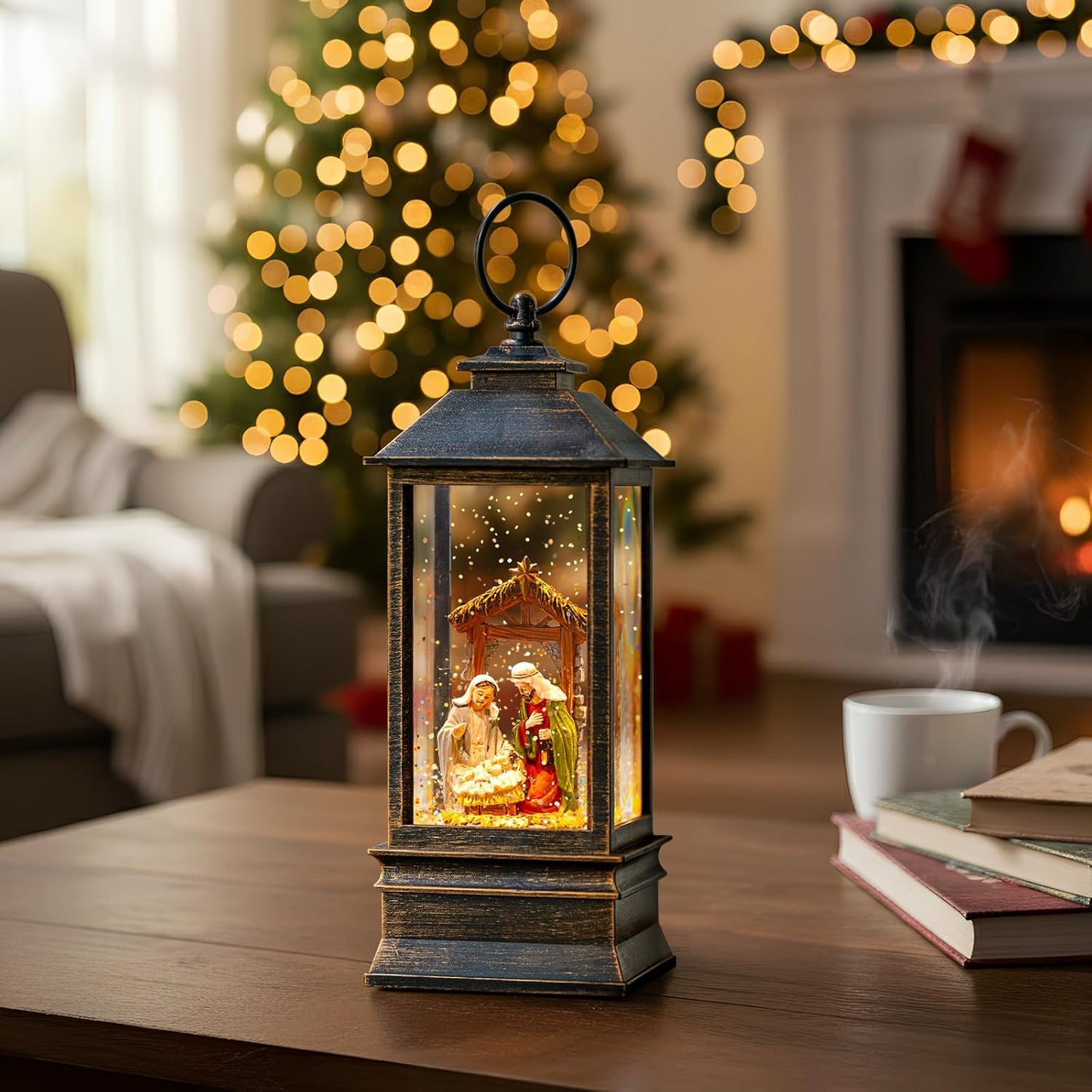 10'' Musical Snow Globe Lantern Lighted Nativity Manger Scene Water Lantern Swirling Glittering Home Decoration and Gift, Battery Operated or USB Powered