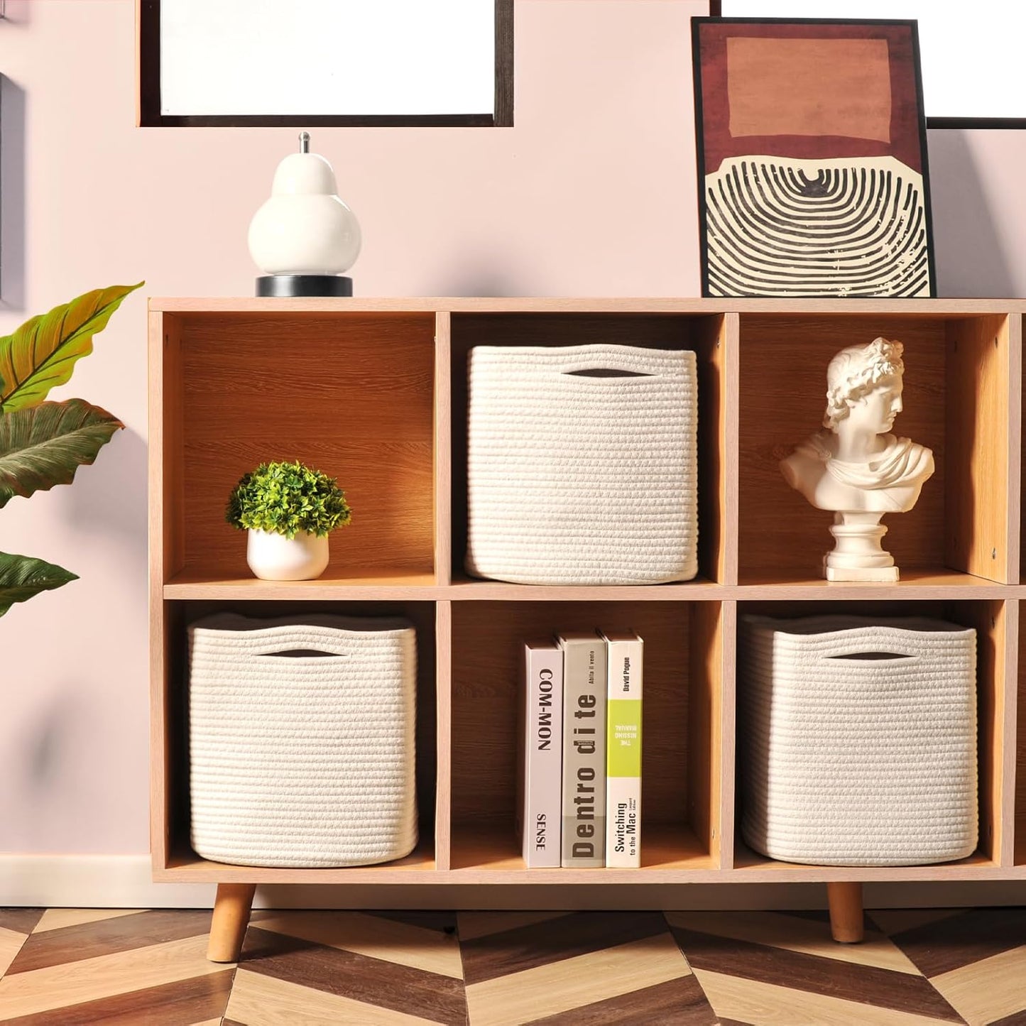 11 Inch Cube Storage Bins, Organizer Bins, Woven Cotton Rope Baskets for Storage, Storage Baskets for Organizing Shelves, White Basket for Toys, Off White (Pack of 3)