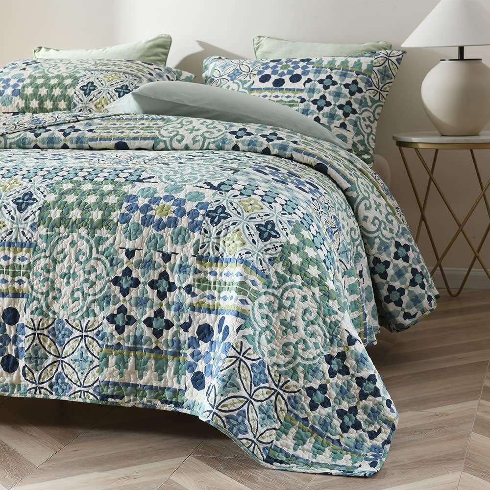 Cotton Bedspread Quilt Sets Reversible Coverlet Sets Comforters Vintage Bohemian Patchwork Bedspread (Green, King Size)