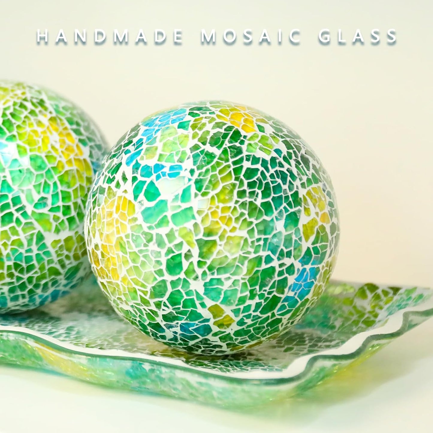 VCUTEKA Decorative Balls and Glass Bowl, 4 Inch Mosaic Sphere Balls Centerpiece Balls for Coffee Table, Home Decor, Wedding Party Decor, Green