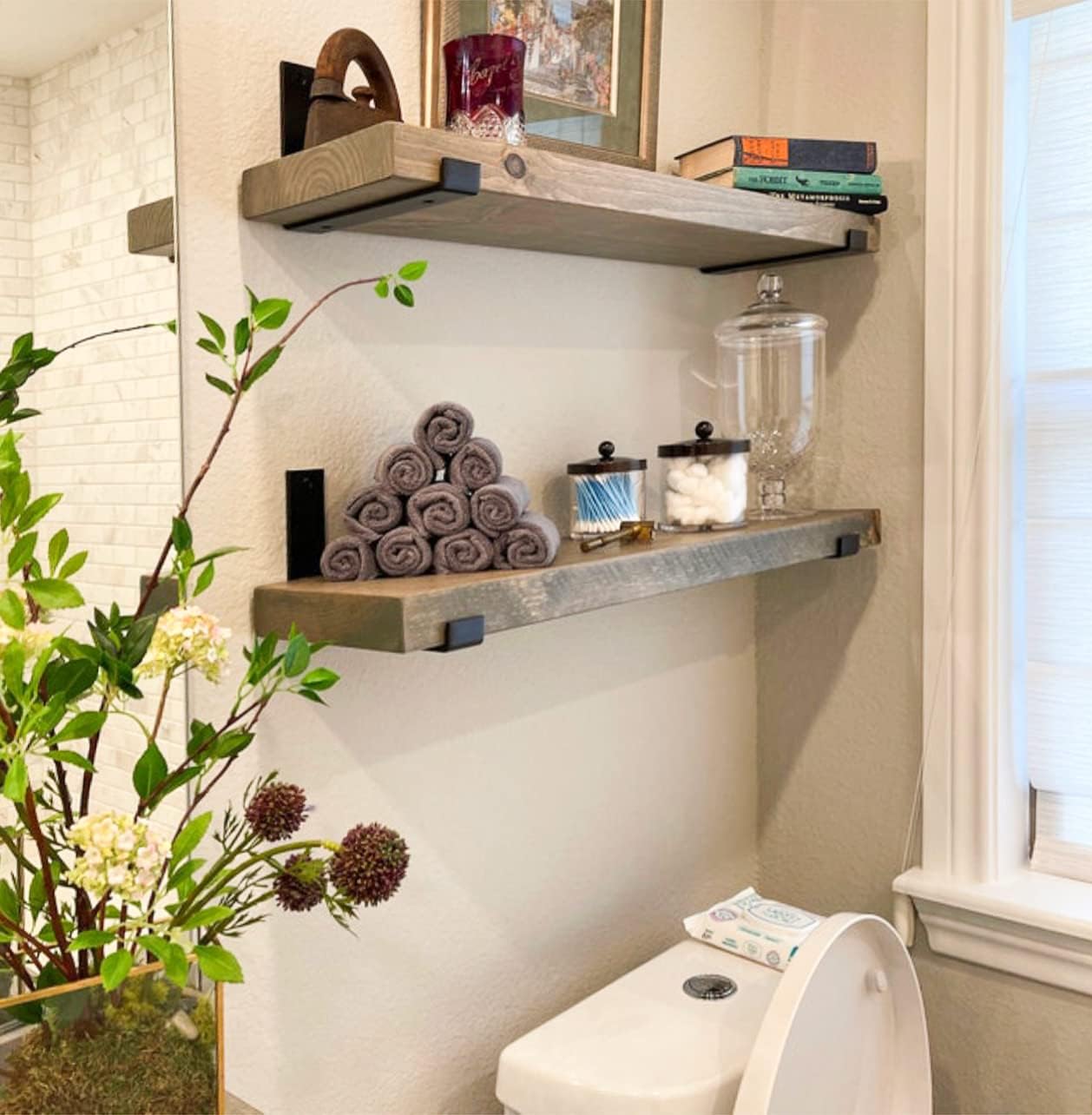 Rustic Shelves with J-Brackets Set of 2, Industrial Shelf, Kitchen Shelves, Solid Wood, Decorative Wall Storage, Heavy Duty, URBANDI (Grey, 24Wx12D)