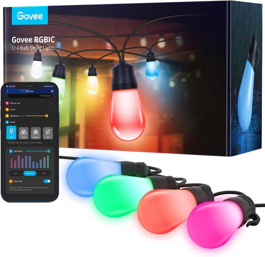 Govee Smart Outdoor String Lights H7016, 96ft RGBIC Outdoor Lights with 30 Dimmable LED Bulbs, IP65 Waterproof, Color Changing Warm White Lights with 47 Scene Modes for Patio, Backyard, App Control