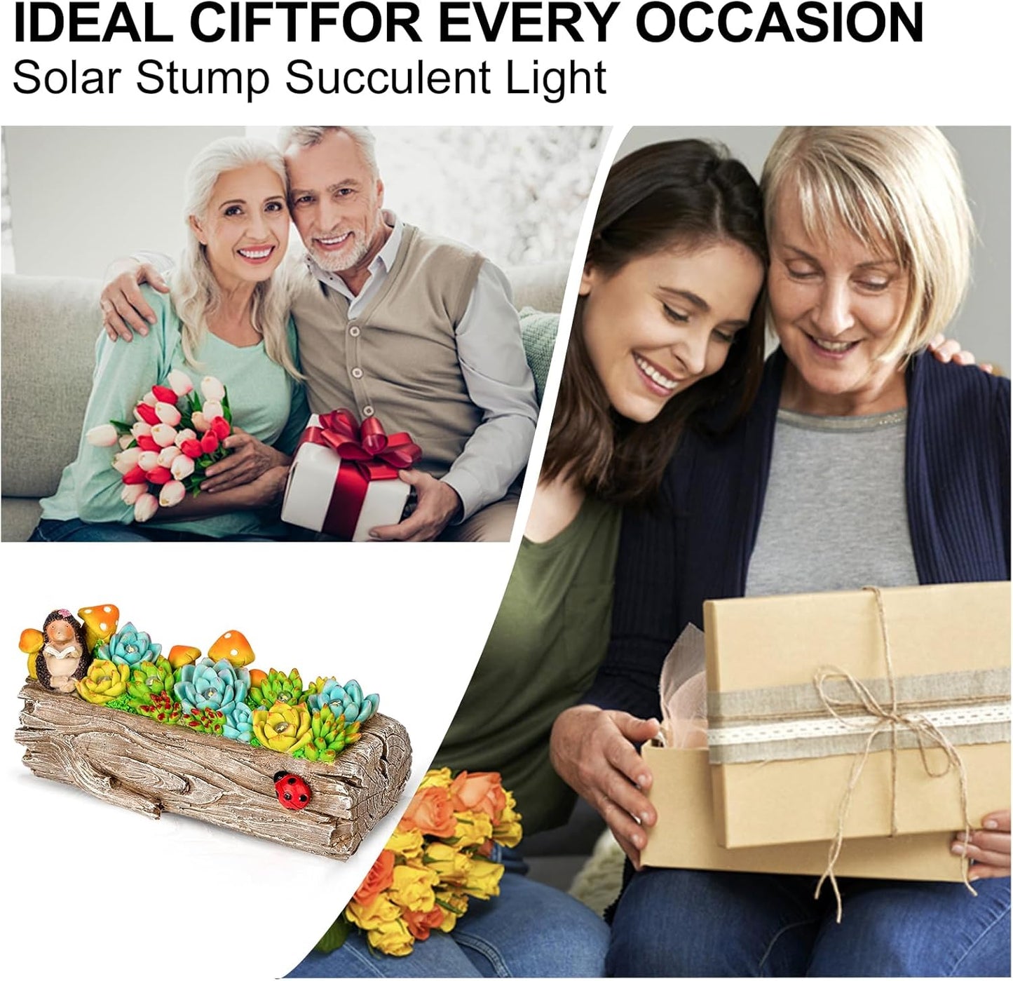 Garden Solar Figurine Light - Stump Succulent Solar Light Outdoor, Solar Powered Lighting Outside Decorations Yard Art Lawn Ornaments for Porch Patio Balcony - Succulent Gifts for Women Mom