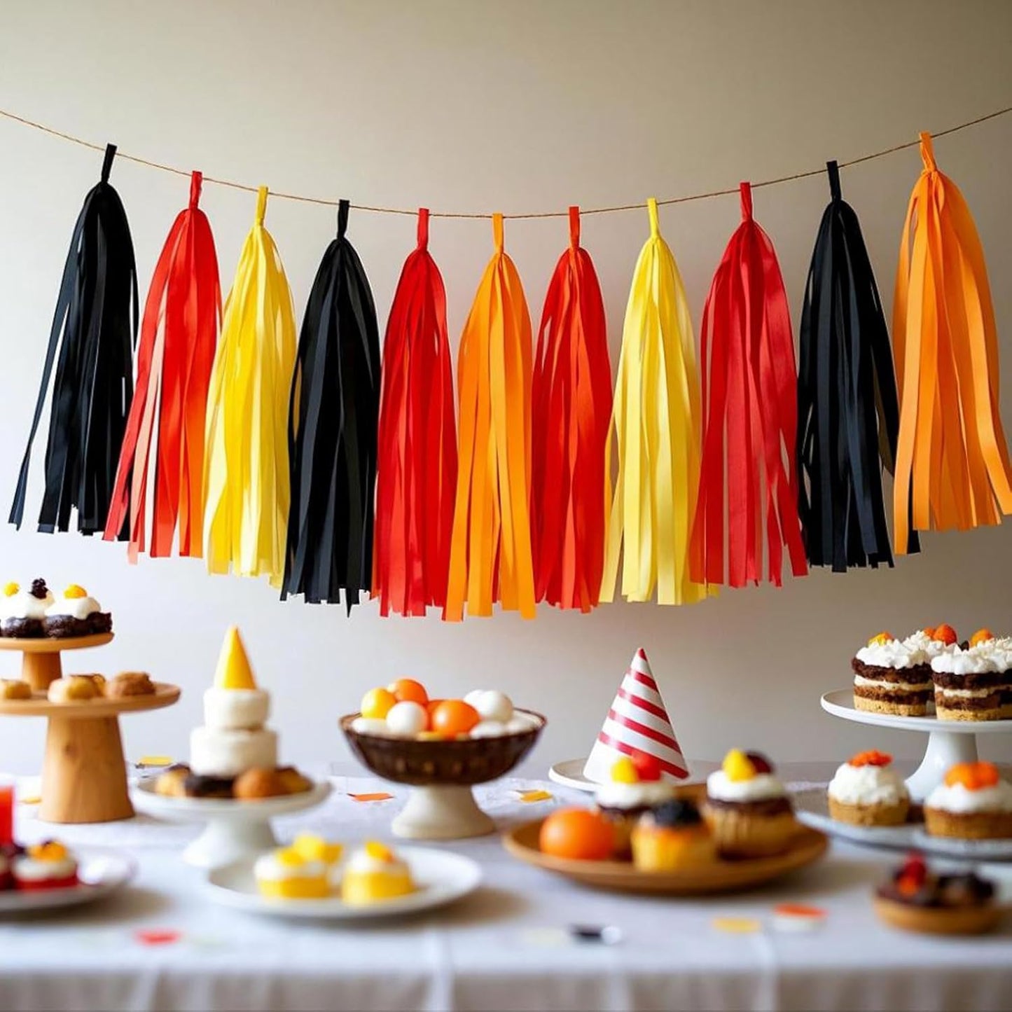 Fire Truck Tissue Tassel Garland - DIY Firefighter Birthday Party Decorations with 20 Pre-Cut Yellow Red Black Orange Paper Garland Banner, for Baby Shower,Race Car,Fire Truck Theme