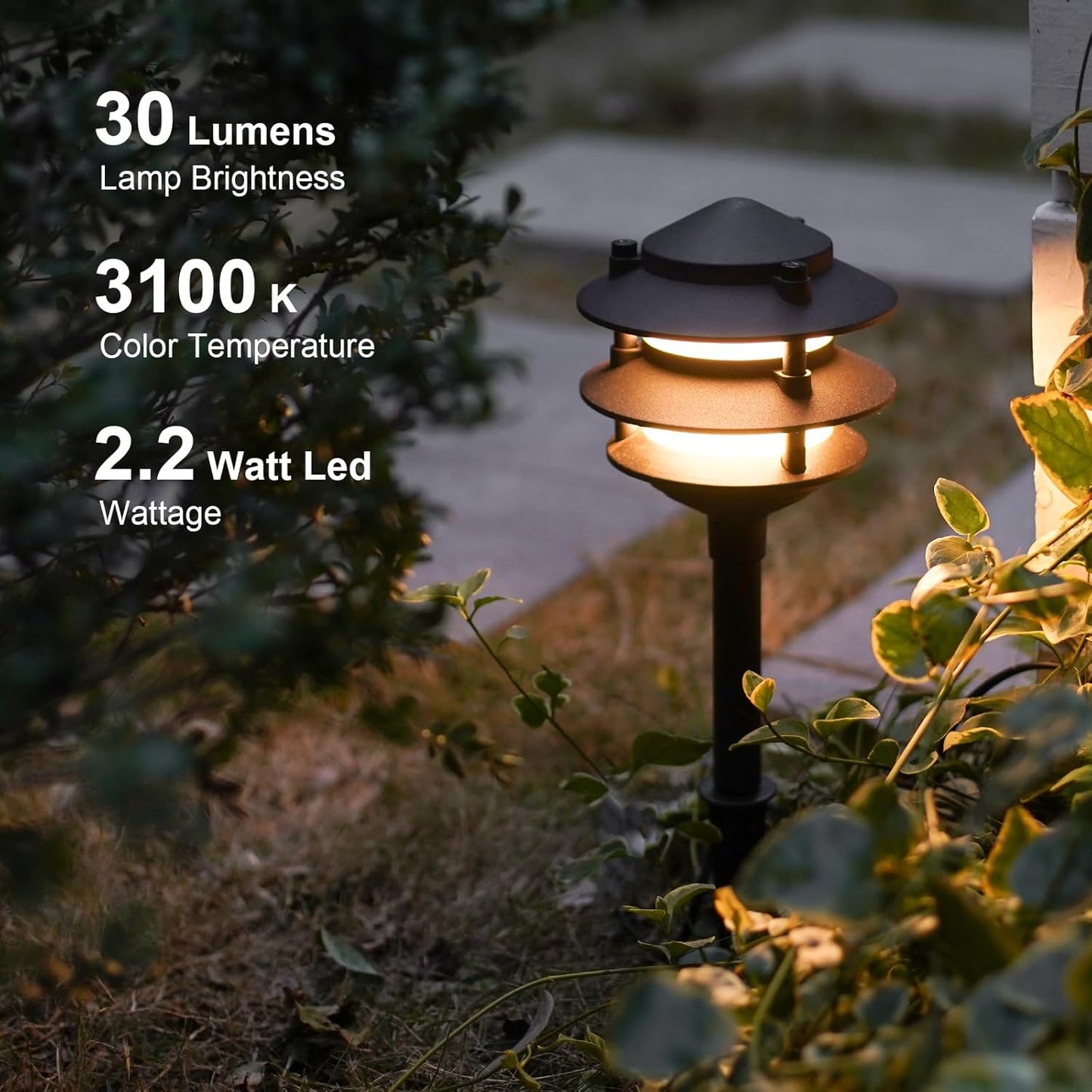 GOODSMANN Landscape Lighting 8PK Pathway Lights Low Voltage 2.2 Watt LED 12V AC Landscape Lights 30 Lumen Warm White with Cable Connectors Metal Stakes 9122-21102-08A