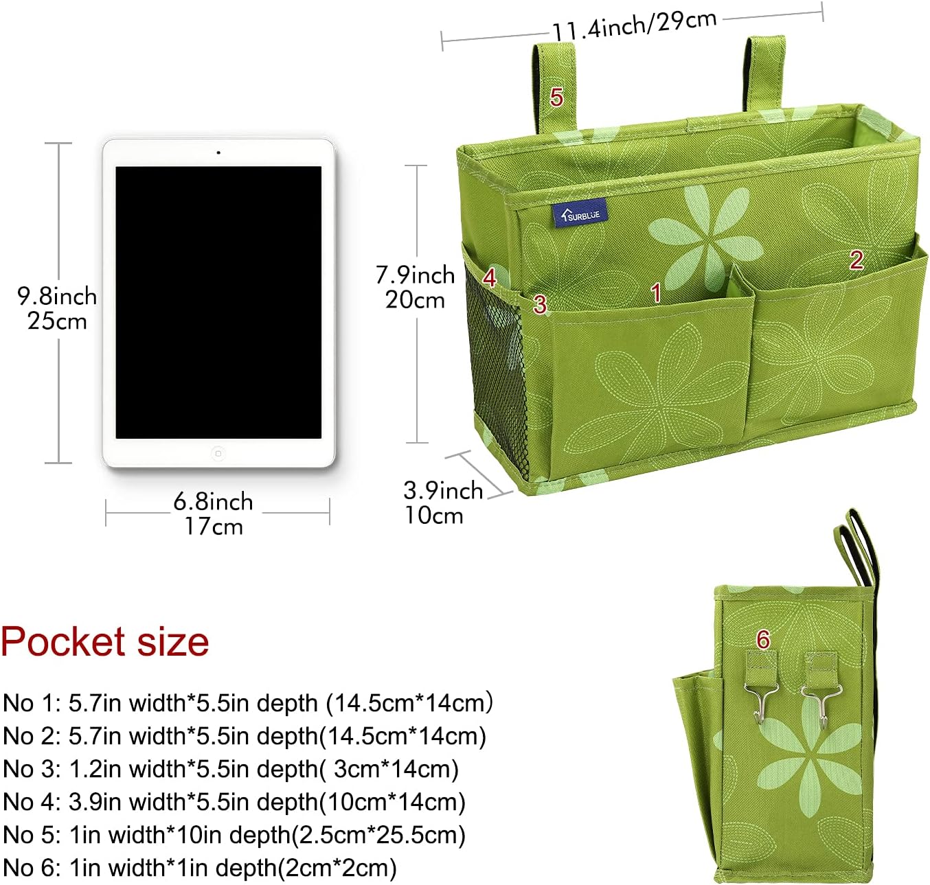 Surblue Bedside Caddy Hanging Bed Organizer Storage Bag Pocket for Bunk and Hospital Beds, College Dorm Rooms Baby Bed Rails,Camp Chiars，Wheelchair Side Bag，4 Pockets and 2 Hooks (Flower)