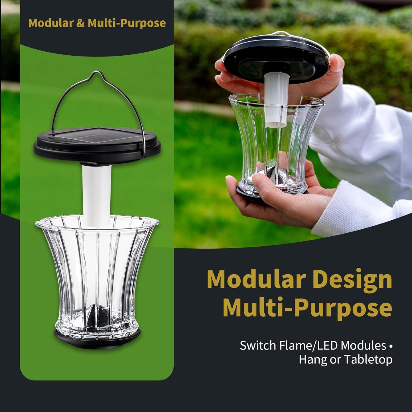 Glass Solar Lantern Outdoor Lights Waterproof, Flickering Flame Solar Lights with Modular Design, Auto On/Off Decorative Hanging Lanterns for Patio Garden Pathway Camping Deck Yard (4 Pack)