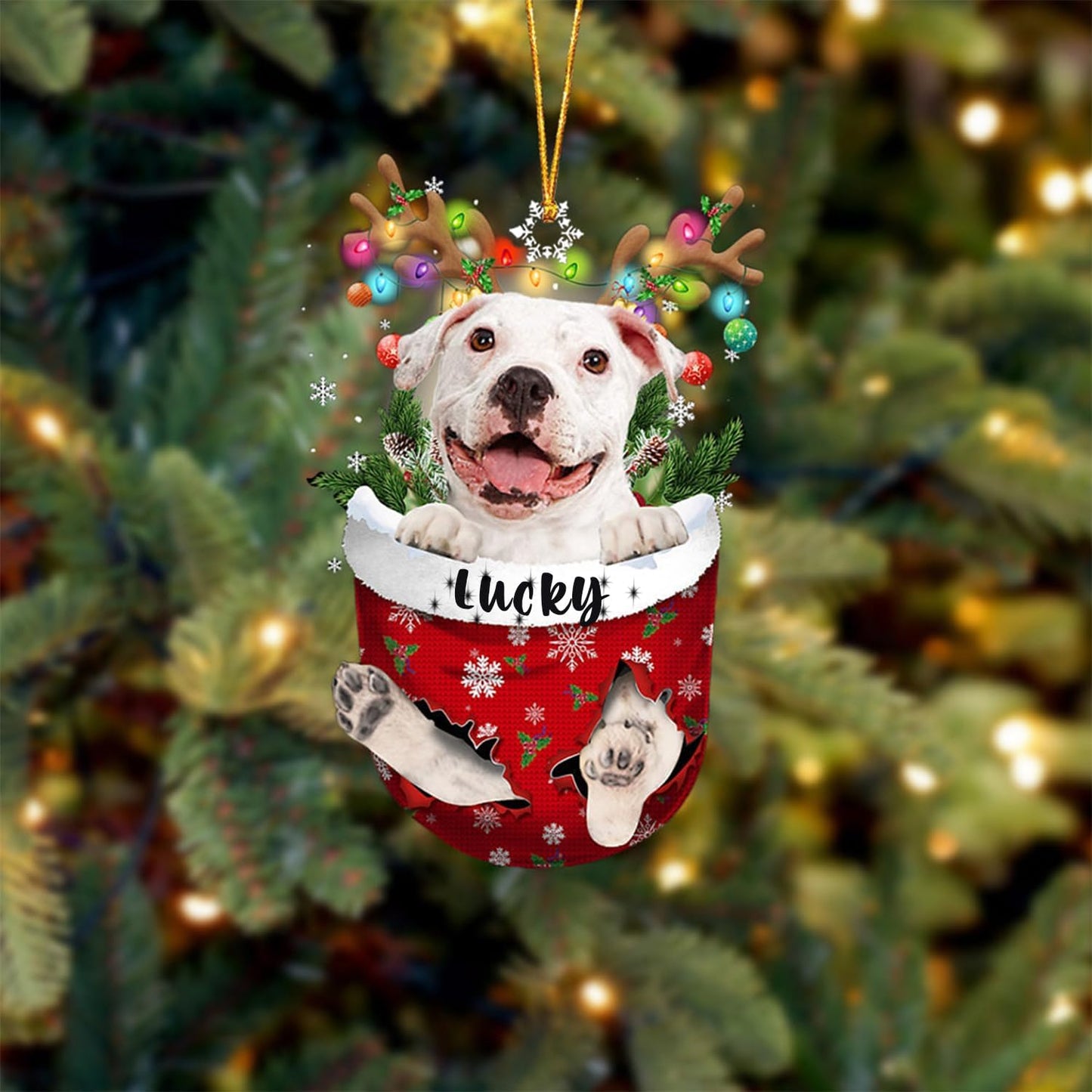 White Pitbulll Dog Christmas Ornament, White Pitbulll in Snow Pocket Christmas Tree Ornament, Dog Lovers Gift Idea Xmas Decor, Christmas Decorations for Tree, Christmas Ornament Gift for Dog Lovers