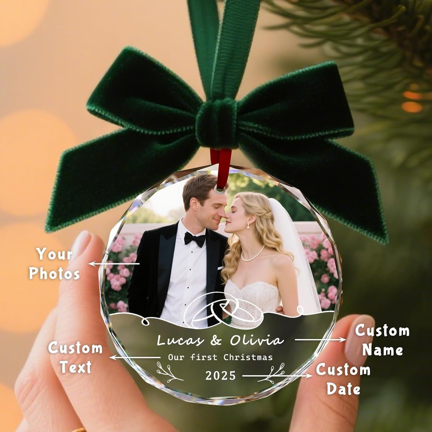 Custom Christmas Ornament Glass-Personalized Christmas Ornaments with Photo/Name/Date/Text,Wedding Christmas Birthday Baby Gifts (Color 3)