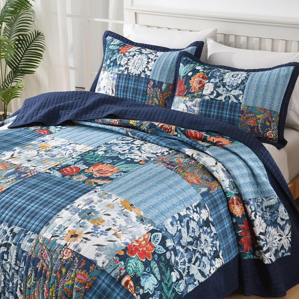 Autumn Dream Cotton Bedspread Quilt Sets Reversible Bedding Coverlet Sets, Luxury Vintage Paisley Floral Patchwork Blue Bedspread, King Size