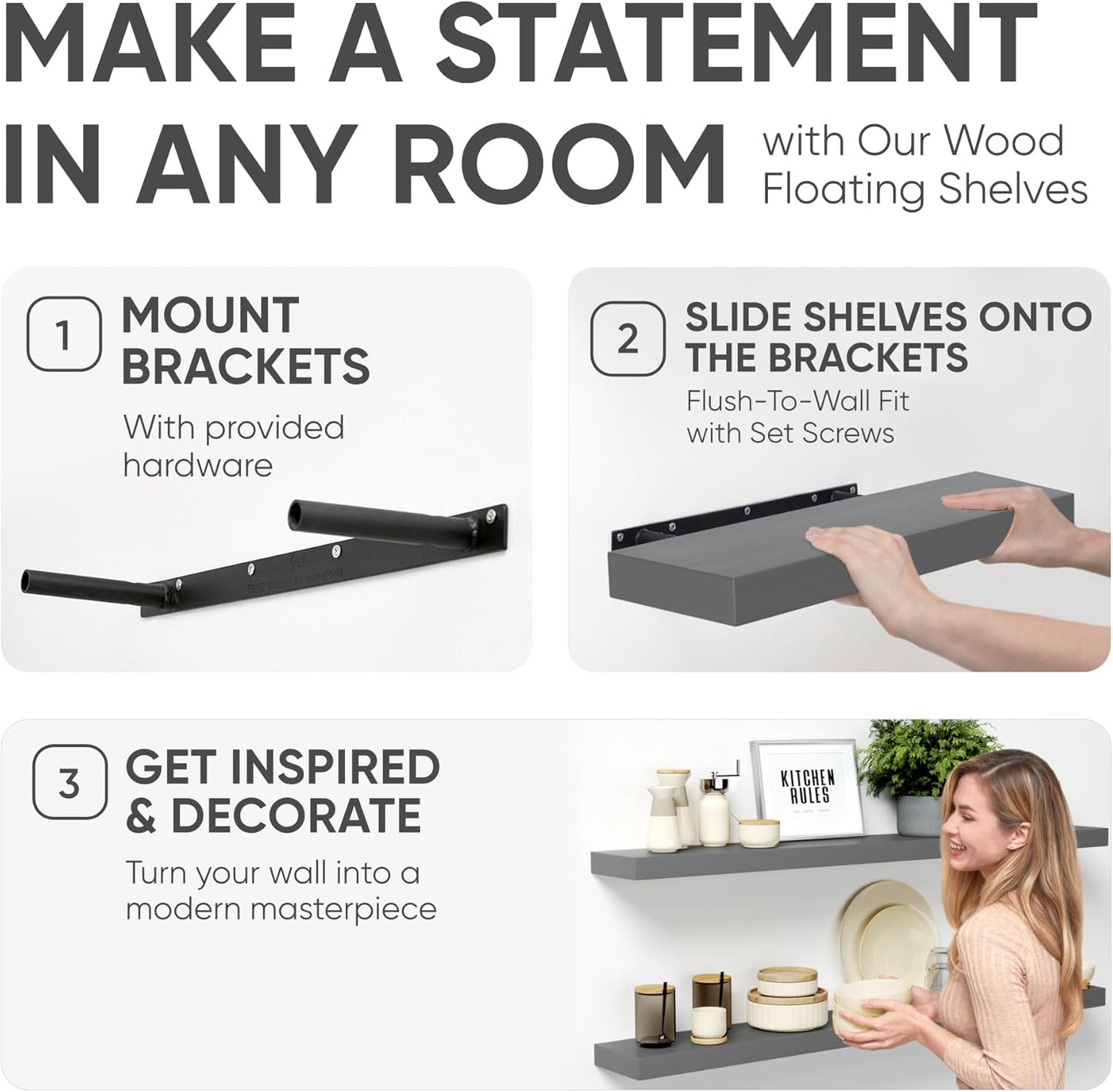 Homeforia Gray Floating Shelf 48 inch, High End Solid Real Wood 48inch Floating Shelves for Wall Mounted, Grey Wooden 48 inches Long Floating Shelves, Heavy Duty Bracket, 48 X 6.5 X 1.75 in, Set of 2