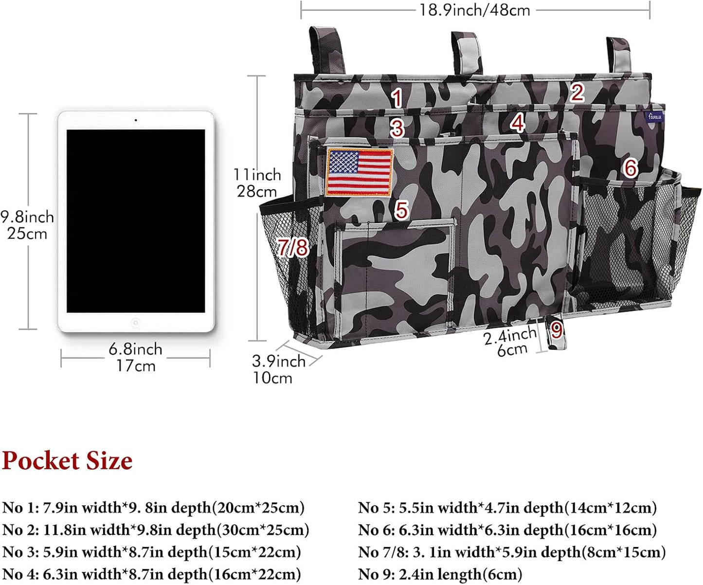 Surblue Bedside Caddy Hanging Organizer Storage Bag Pocket for Bunk, Hospital, College Dorm Rooms, Baby Bed Rails, Camp - 8 Pockets (Large, City)