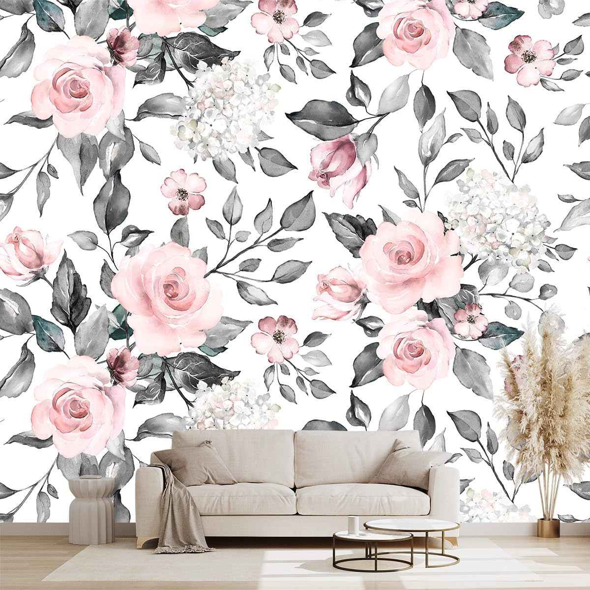 Grey Leaf Pink Flowers Mural Bedroom Floral Wallpaper Room Decor Living Room tv Background Large Wall Mural - 160"x108" (Not Peel and Stick)