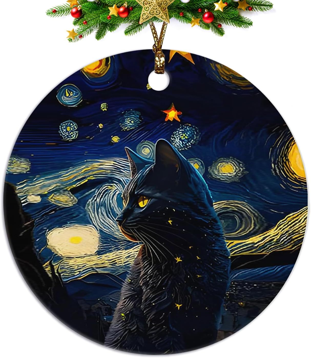 Black Cat Christmas Ornaments,Christmas Cat Gifts for Cats Mom Women,Starry Night Ceramic Hanging Ornaments