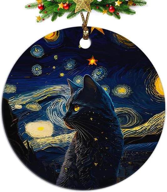 Black Cat Christmas Ornaments,Christmas Cat Gifts for Cats Mom Women,Starry Night Ceramic Hanging Ornaments