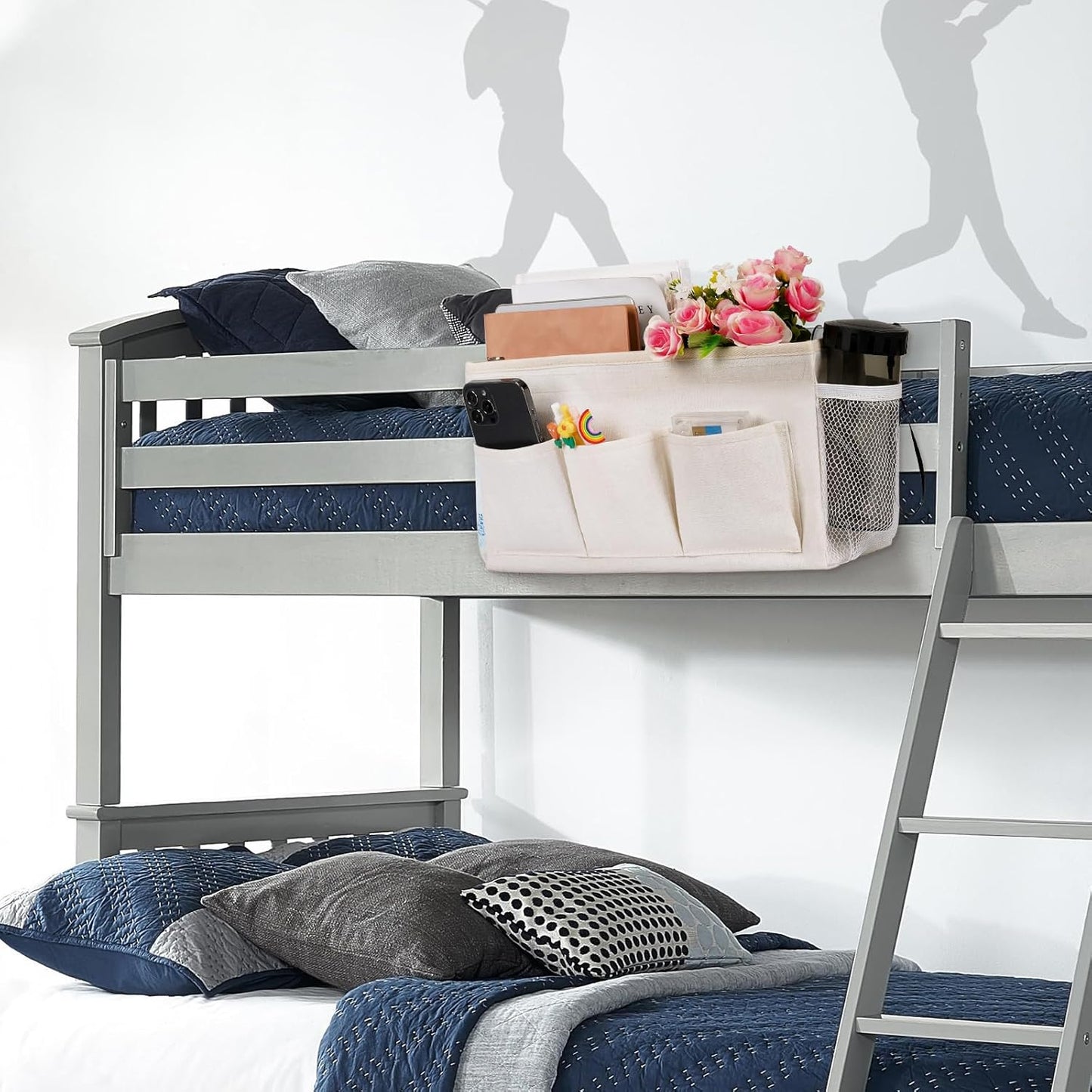 Bedside Storage Caddy/Bedside Hanging Storage Bag for Headboards Bunk Beds Dorm Rooms Book Phone Magazine Holder (New White)