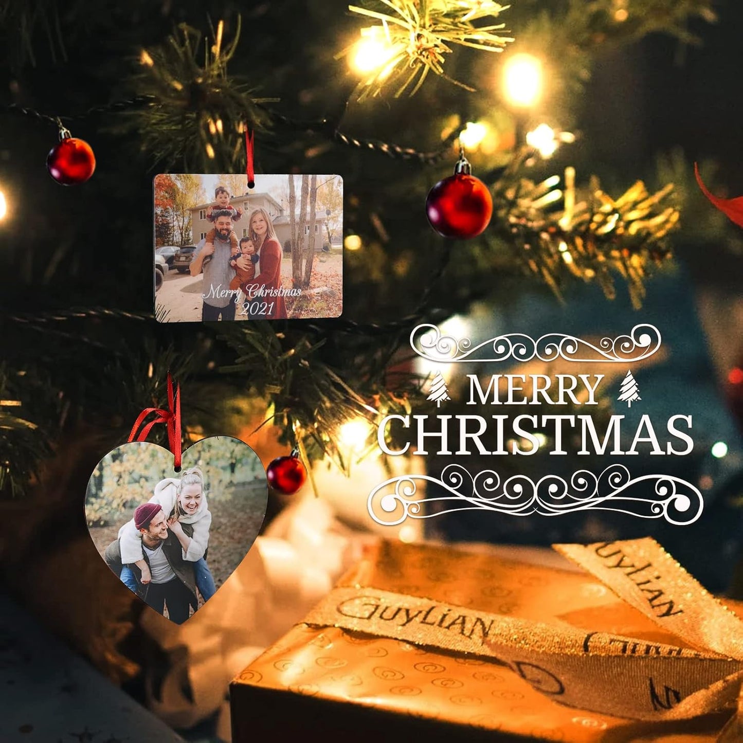 Gemszoo Personalized Picture Christmas Ornament, Custom Double Sided Photo Text Wooden Hanging Xmas Tree Keepsake Pendant Decoration Gift for Family (1, Rectangular)