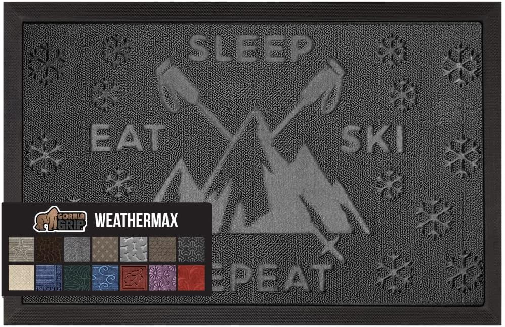 GORILLA GRIP 100% Waterproof All-Season WeatherMax Doormat, US Designed Natural Rubber, Stain and Fade Resistant, Low Profile Indoor Outdoor Door Mats, Easy Clean Patio Mat, 17x29, Graphite Skiing