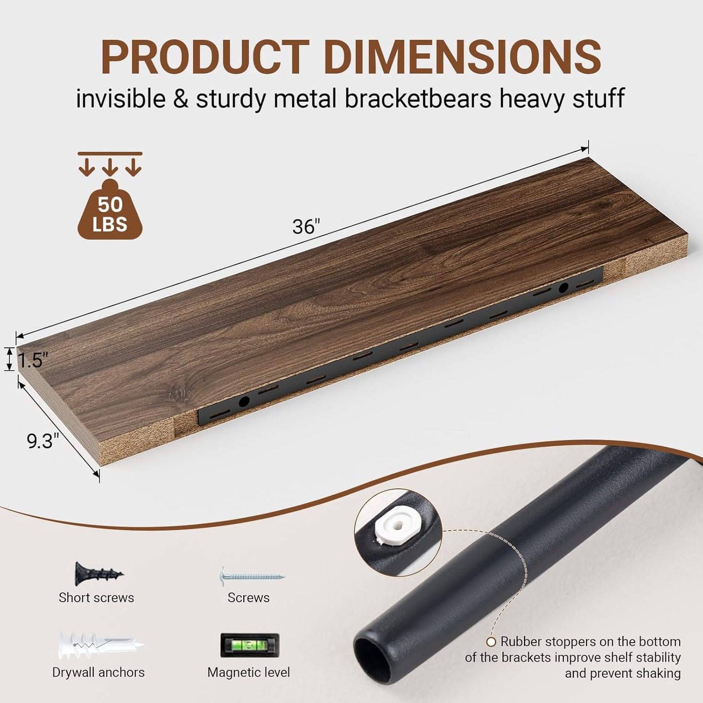 Heimlove Floating Shelves for Wall 36 Inches Long,9.3" Deep Walnut Floating Shelf Set of 2,Wall Mounted Shelves for Bathroom Bedroom Living Room Kitchen Office,Shelf for Books Storage,Home Decor