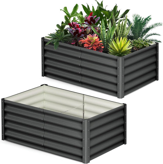 Galvanized Raised Garden Bed Outdoor, 2 Pcs 6x3x1.5FT Outdoor Large Planter Raised Beds Open Base with Safety Edge and Glove for Vegetables Flowers Ground Planter, Dark Grey