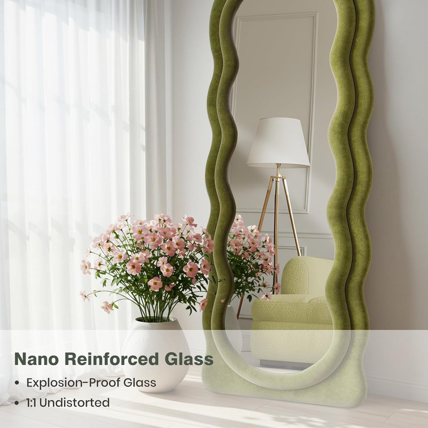 Full Length Mirror 63"x24" Arched Wavy Full Body Wall Mounted Floor Mirror with Stand Green Flannel Frame Leaning Hanging Wall Mirror for Bedroom Entrance Hallway