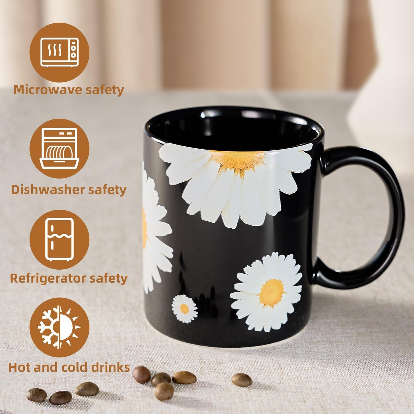 12Oz Daisy floral Black Ceramic Mug, Mug for Daily Coffee and Tea, Lead-free Microwave and Dishwasher Safe Coffee Mug, Perfect gifts for Women and men