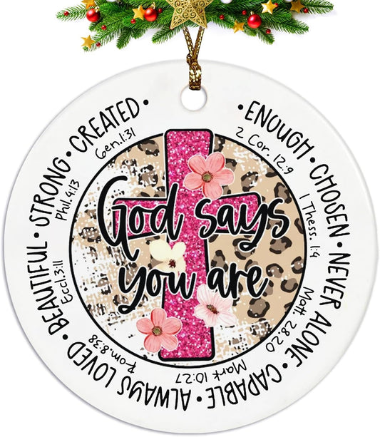 Christian Ornaments, God Says You are Scripture Floral Ceramic Ornament Keepsake Decorations, Inspirational Christian Gifts for Women Teen Girls