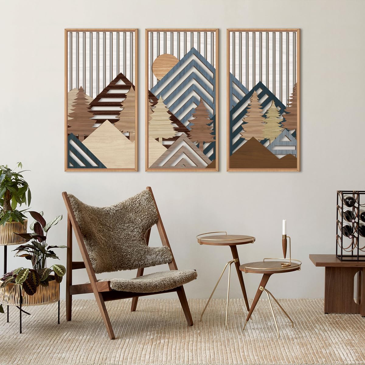 IARTTOP Large Mountain Wood Wall Art 16"x32"x3 Abstract Forest Wall Sculpture Geometric Boho Sunset Wilderness Artwork for Bedroom Living Room Office