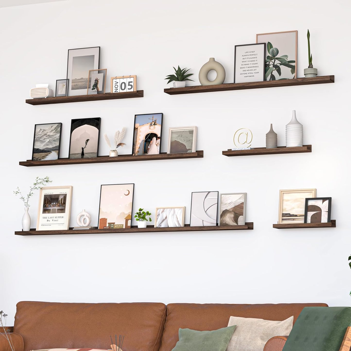 Heimlove Picture Ledge Shelf, Floating Shelves Set of 2, 48 Inches Picture Shelf for Wall with Ledge, Kids Bookshelf Wall Mounted for Living Room Bedroom Decor Books Photo Frames, Walnut