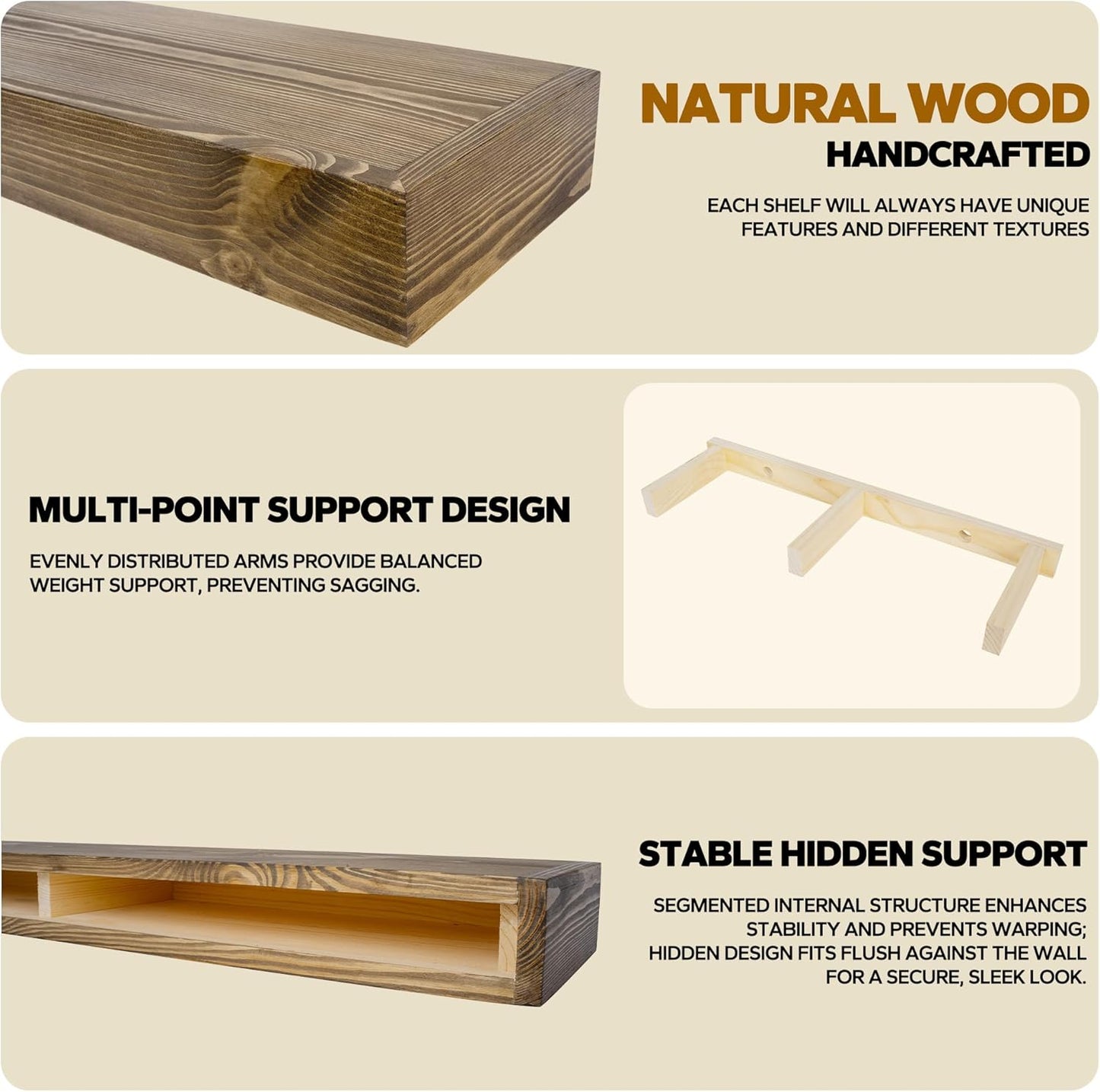 Floating Shelves 24 inch for Wall Set of 2,3 inch Thick Pine Wood Wall Mount Shelf for Kitchen Living Room Bedroom Bathroom,8" D x 24" L x 3" H-Drak Walnut