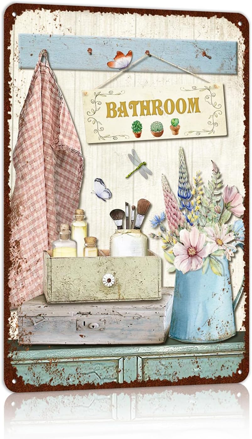 Vintage Farmhouse Bathroom Metal Tin Signs Rustic Flower Country Wall Art Decor 8X12 Inches