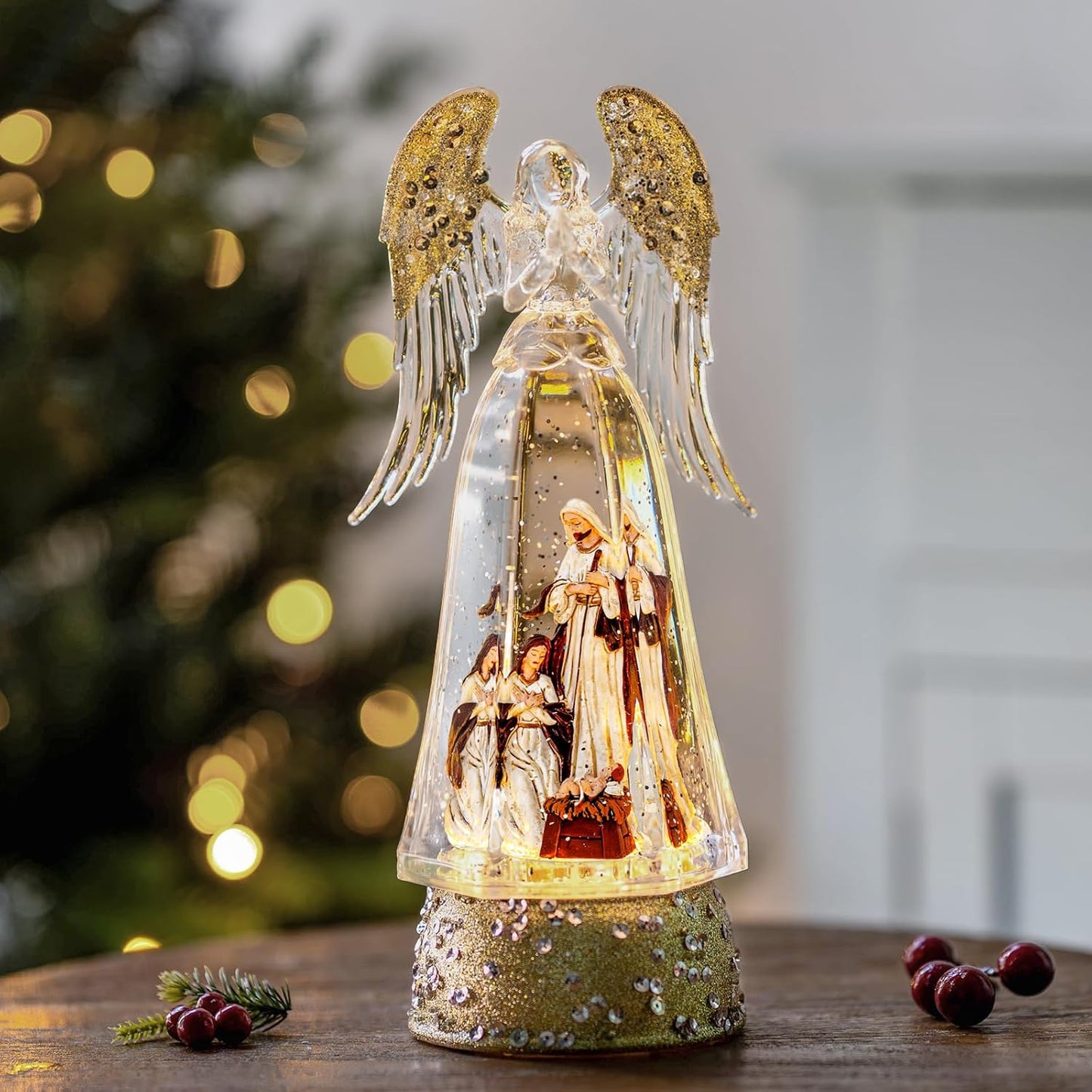 Christmas Snow Globe Lantern Water Glittering Angel & Nativity with Music & Timer, USB Lined/Battery Operated Lighted Lantern for Christmas Festival Decoration Gifts