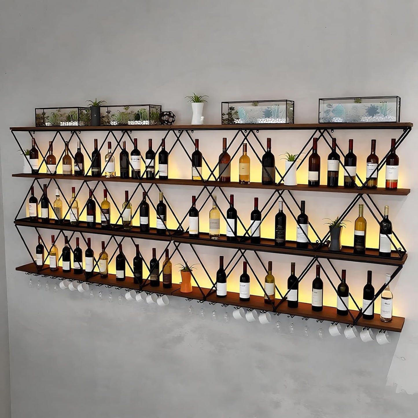 118in Wine Rack Wall Mount with Glass Holder, DIY Floating Wine Rack, Multi-Function Bar Wine Bottle Display Rack for Commercial Restaurants, Tea Rooms, Bars, Wine Cellars (black, 118in/300cm)