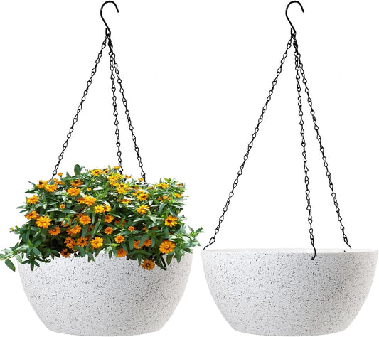 13 inch Large Hanging Planters Plant Pots for Outdoor Indoor Plants with Drainage Holes and Chain, 2 Pack Round Hanging Flower Pots for Garden Home Porch Decor, Speckled White