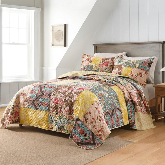 Autumn Dream Cotton Bedspread Quilt Sets Reversible Bedding Coverlet Sets, Luxury Vintage Floral Patchwork Yellow Bedspread, King Size