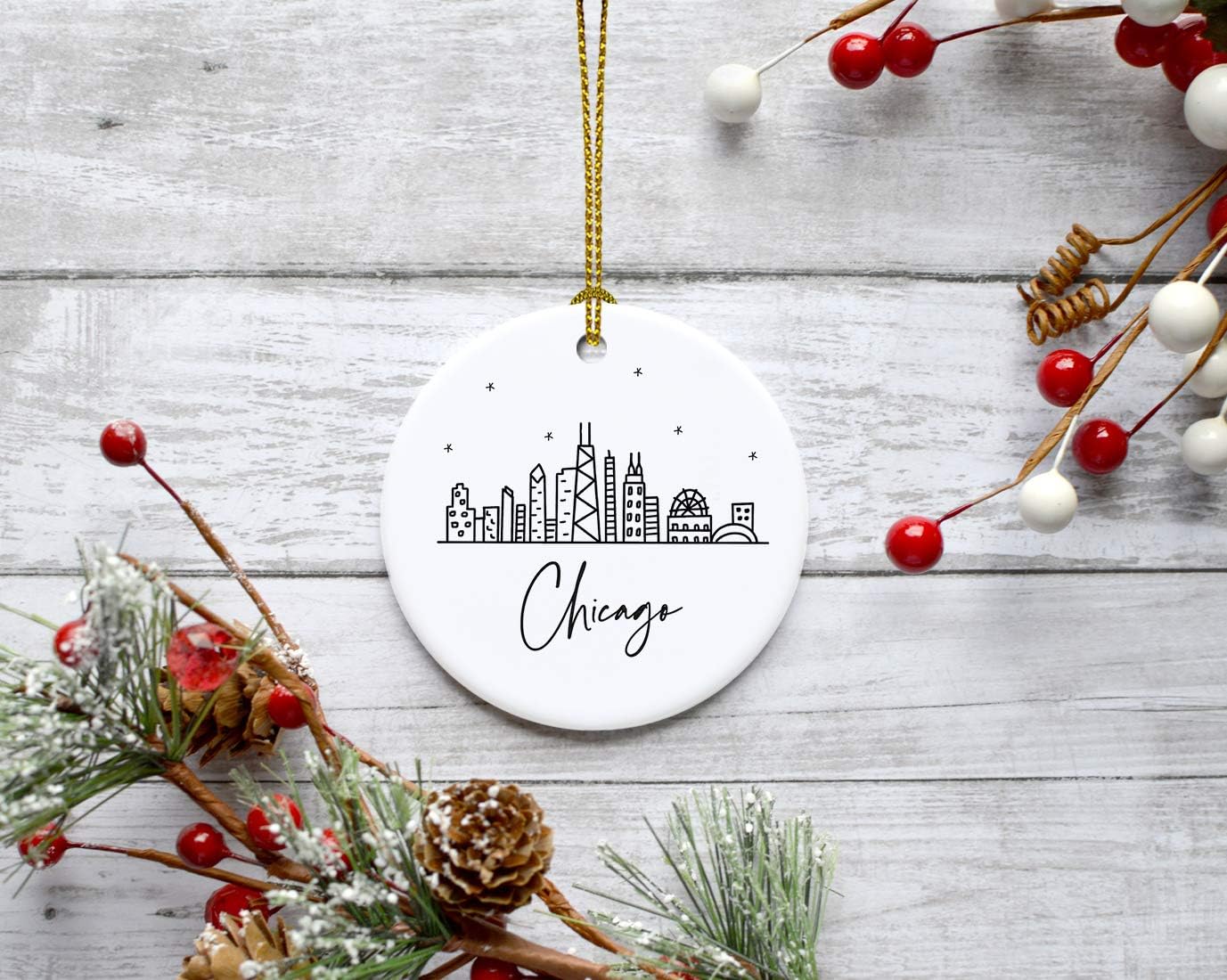Andaz Press Round Ceramic Porcelain Christmas Tree Ornament Keepsake, Chicago Black and White Stars City Skyline Graphic, 1-Pack, Birthday Gift Idea for Family, Coworker, Him, Her, Includes Gift Box