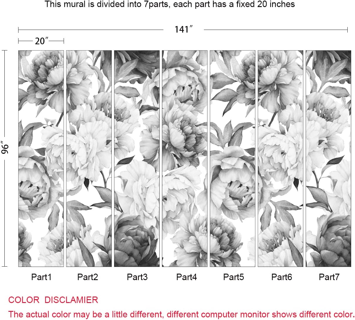 Gray Peonies Wallpaper Watercolor Floral Mural Wallpaper for Nursery(Not Peel n' Stick)